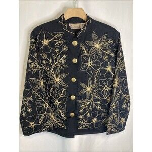 VTG Y2K New Direction Jacket M Floral Embroidered Black Gold Artsy Cottagecore